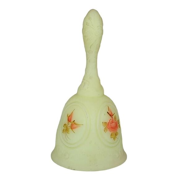 Fenton Glass Custard Medallion Bell with Hand Painted Orange Roses - Picture 2 of 11
